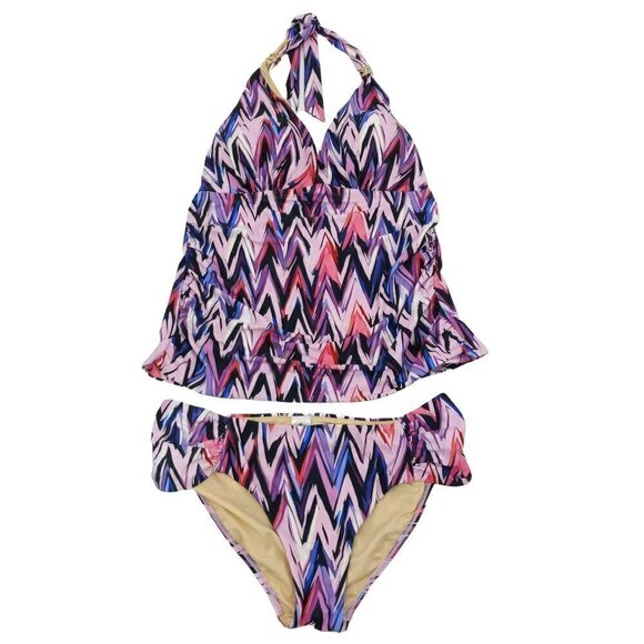 Swimsuits For All Tankini Zig Zag Print Swimsuit Purple Chevron Halter Modest 12 - Picture 1 of 11